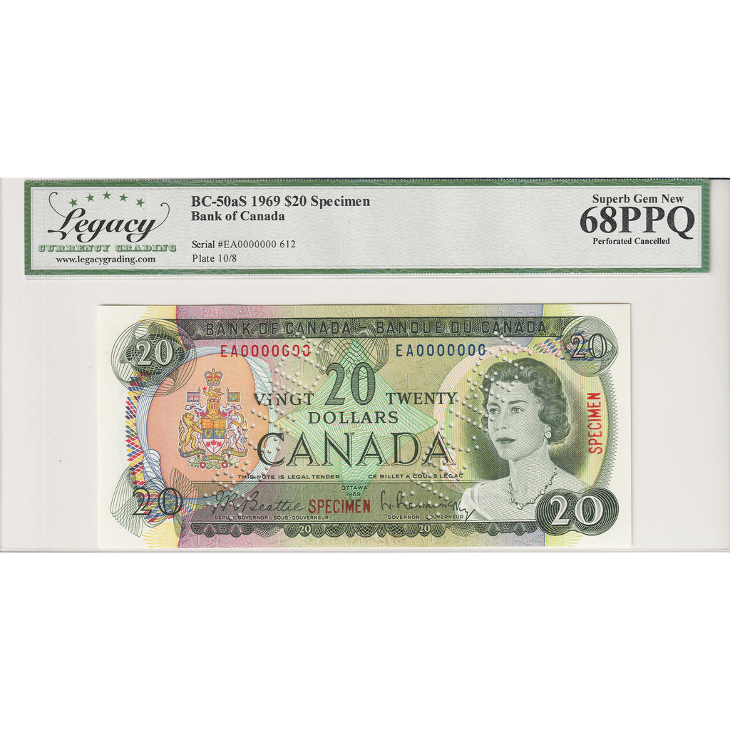 BC-50aS 1969 Canada $20 B-R, Specimen 612, EA Legacy Certified GUNC-68 PPQ Cancelled