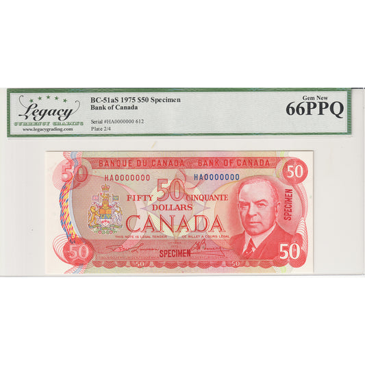 BC-51aS 1975 Canada $50 Lawson-Bouey, Specimen 612, HA Legacy Certified GUNC-66 PPQ