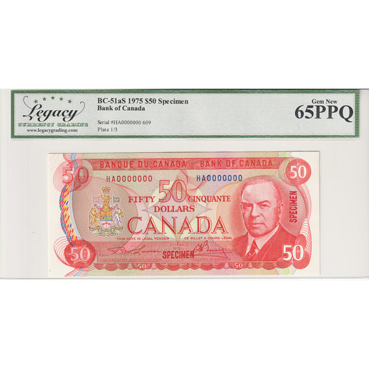 BC-51aS 1975 Canada $50 Lawson-Bouey, Specimen 609, HA Legacy Certified GUNC-65 PPQ