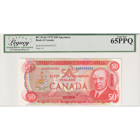 BC-51aS 1975 Canada $50 Lawson-Bouey, Specimen 637, HA Legacy Certified GUNC-65 PPQ