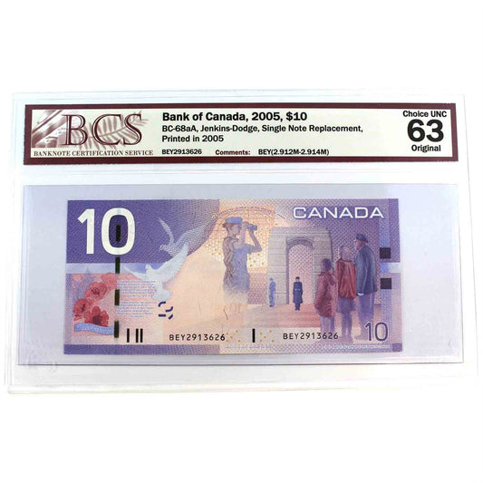 BC-68aA 2005 Canada $10 Jenkins-Dodge, BEY (2.912M-2.914M), BCS Cert CUNC-63, Original