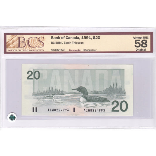 BC-58b-i 1991 Canada $20 Bonin-Thiessen, Changeover, AIW, BCS Certified AU-58 Original