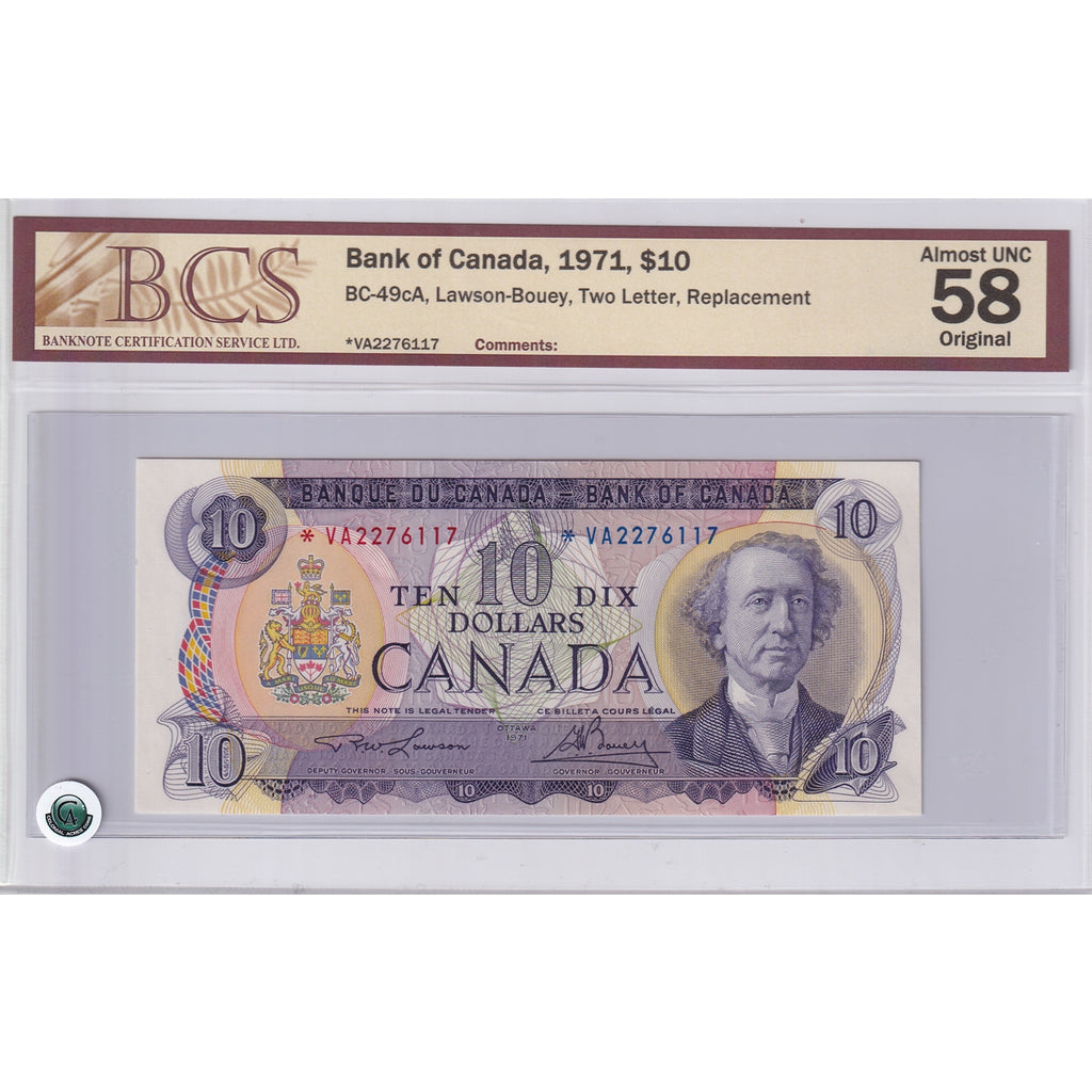 BC-49cA 1971 Canada $10 Lawson-Bouey, Two Letter, *VA, BCS Certified AU-58