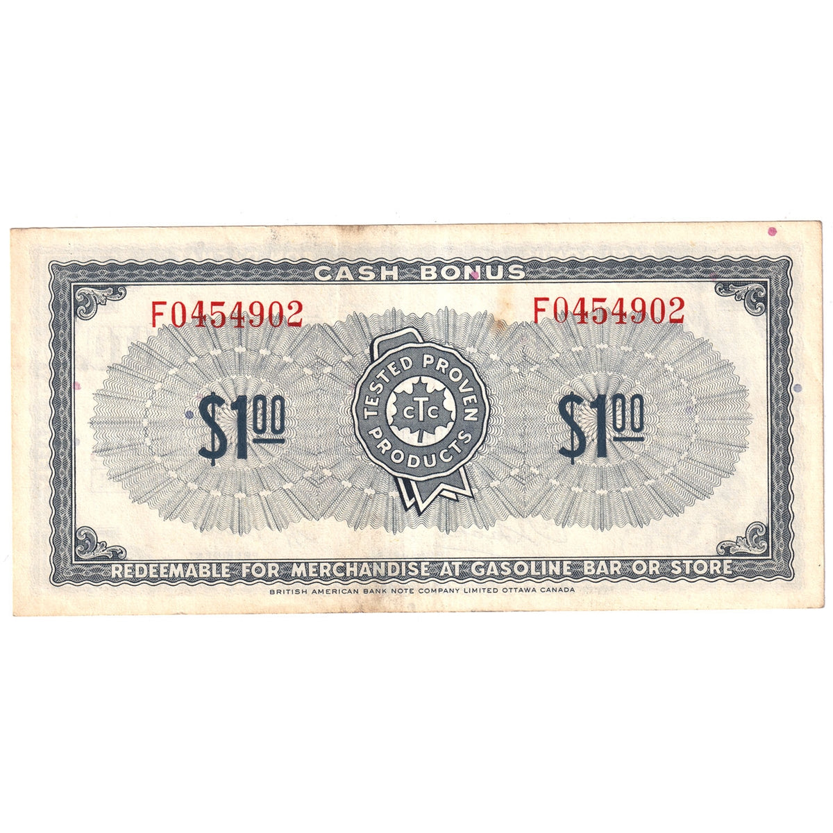 S1-F-F 1961 Canadian Tire Coupon $1.00 Extra Fine (Stain)