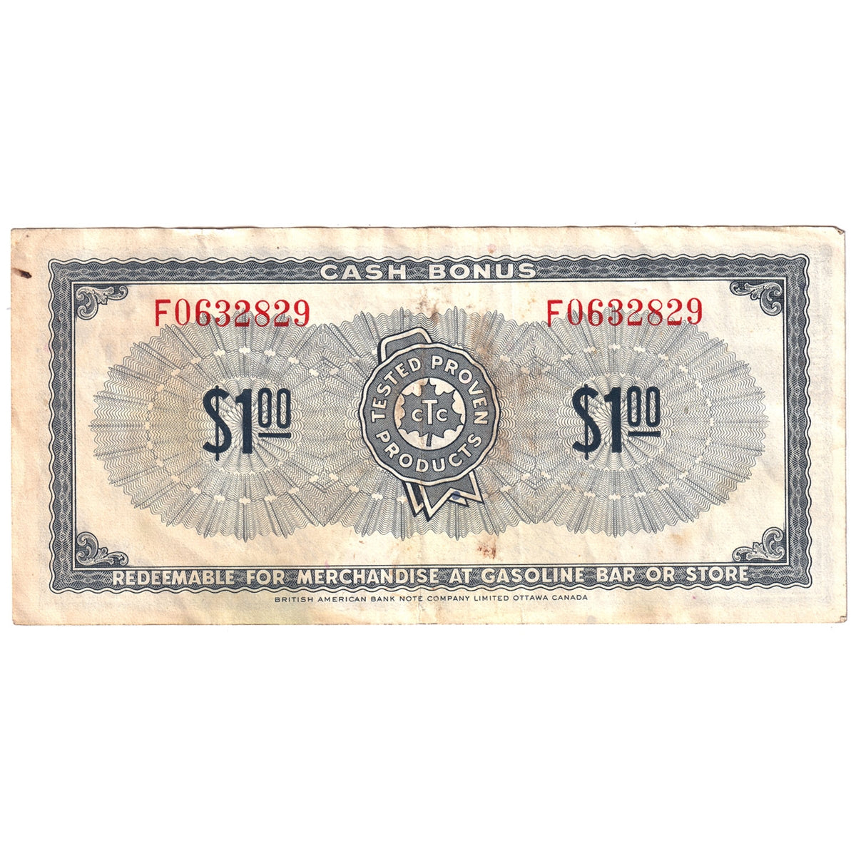 S1-F-F 1961 Canadian Tire Coupon $1.00 Very Fine (Stain)