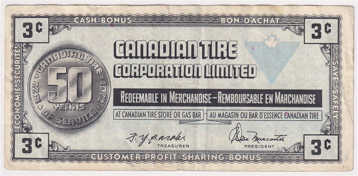 S3-A-R 1972 Canadian Tire Coupon 3 Cents VF-EF