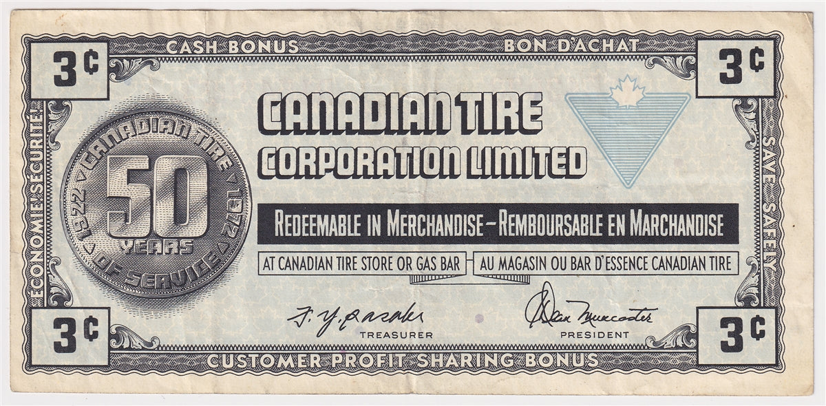 S3-A-R 1972 Canadian Tire Coupon 3 Cents Very Fine