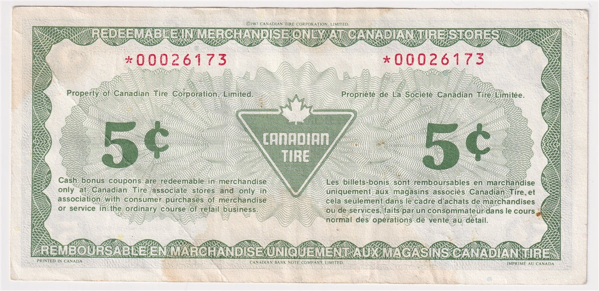 S13-Ba-*0 Replacement 1991 Canadian Tire Coupon 5 Cents Very Fine