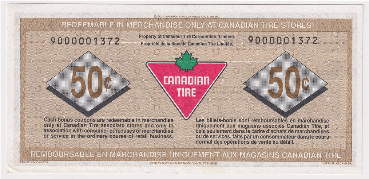 S15-Ea-90 Replacement 1992 Canadian Tire Coupon 50 Cents Almost Uncirculated