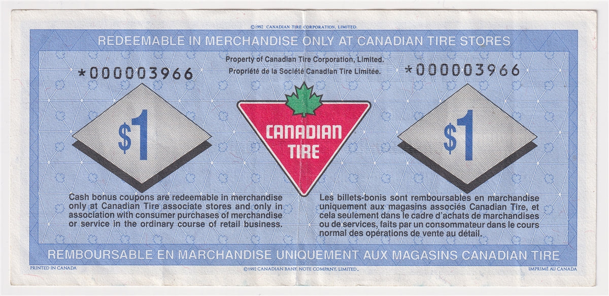 S17-Fa-*0 Replacement 1992 Canadian Tire Coupon $1.00 VF-EF