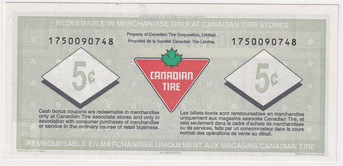 S18-Ba-175 Replacement 1996 Canadian Tire Coupon 5 Cents Uncirculated