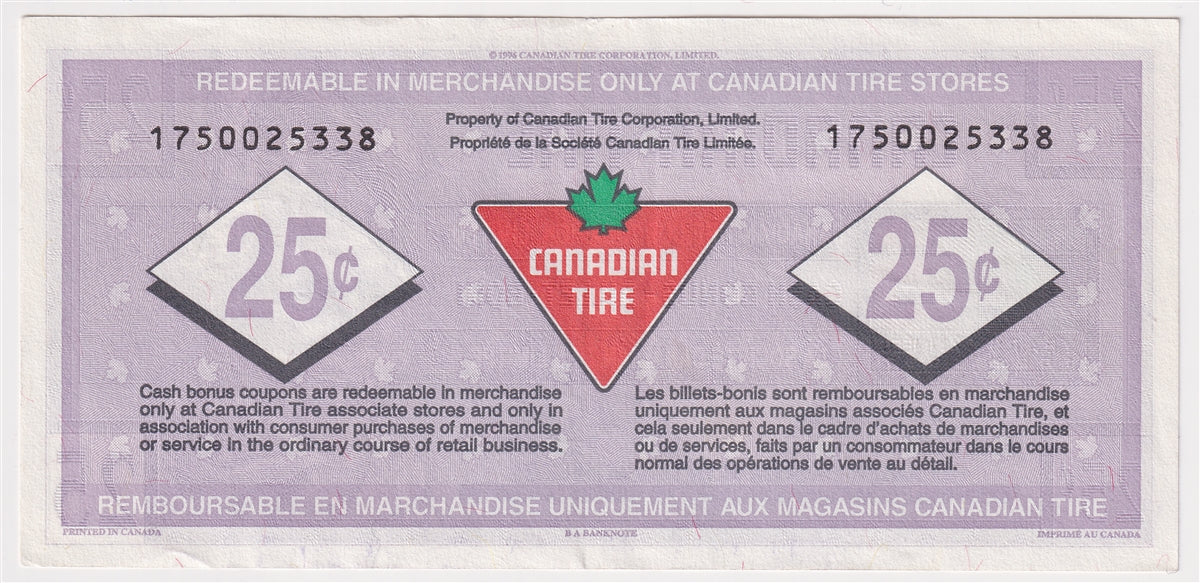 S18-Da-175 Replacement 1996 Canadian Tire Coupon 25 Cents Almost Uncirculated