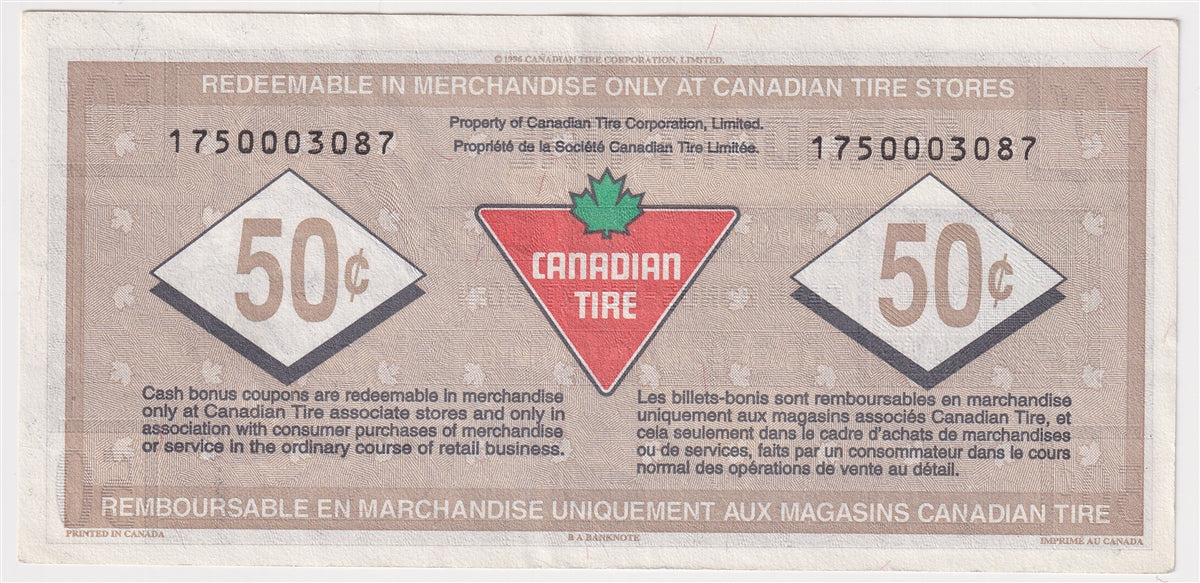 S18-Ea-175 Replacement 1996 Canadian Tire Coupon 50 Cents Almost Uncirculated