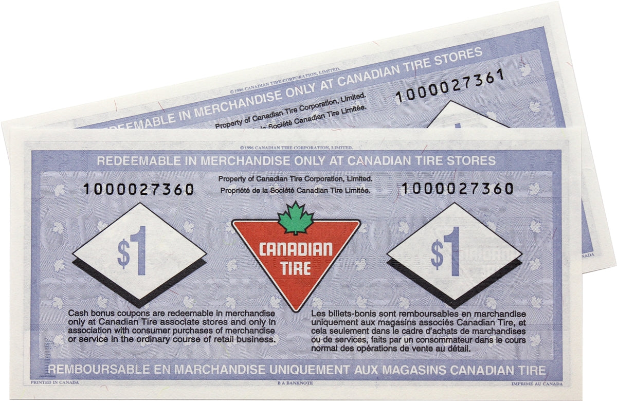 S20-Fa-10 Replacement 1996 Canadian Tire Coupon $1.00 Uncirculated (2 in Sequence)