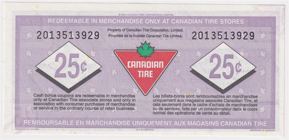 S24-Da-20 Replacement 1998 Canadian Tire Coupon 25 Cents Uncirculated