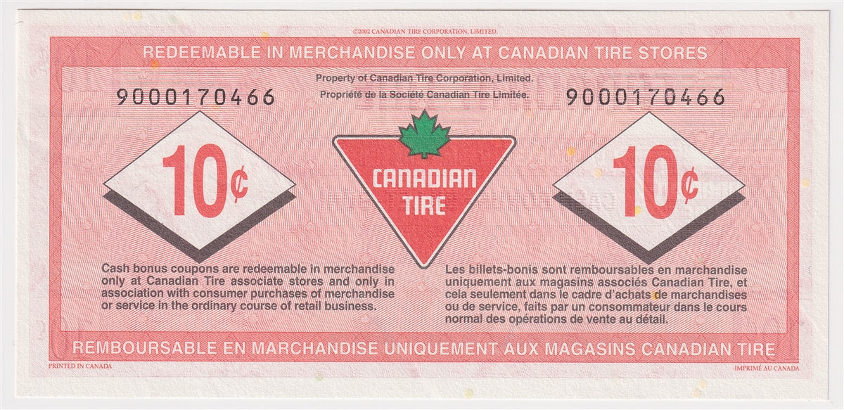 S27-Ca02-90 Replacement 2002 Canadian Tire Coupon 10 Cents Uncirculated