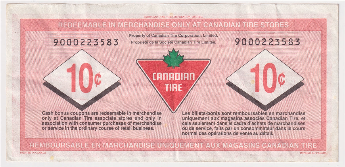 S27-Ca03-90 Replacement 2003 Canadian Tire Coupon 10 Cents Extra Fine