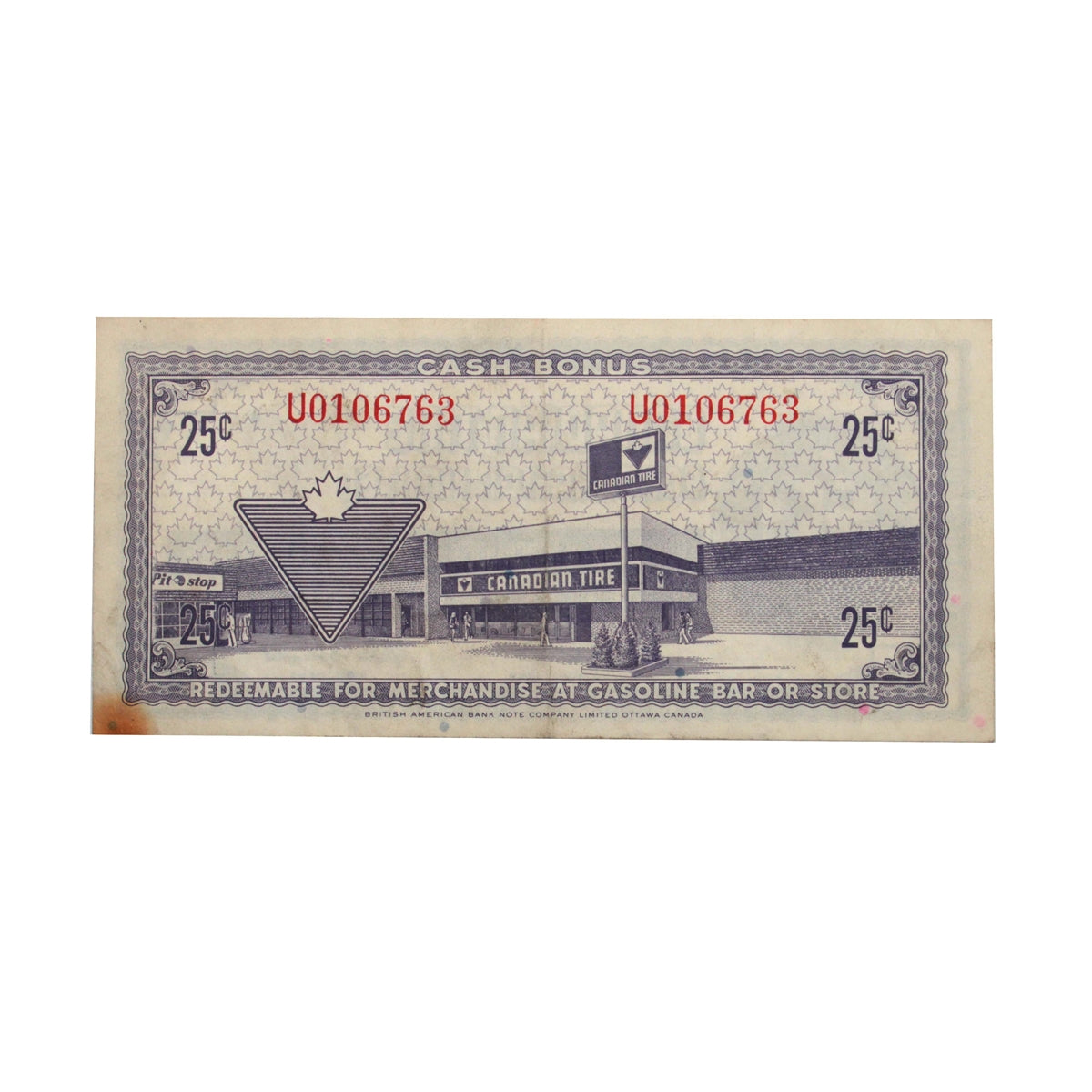 S2-D-U 1972 Canadian Tire Coupon 25 Cents VF-EF (Stain)