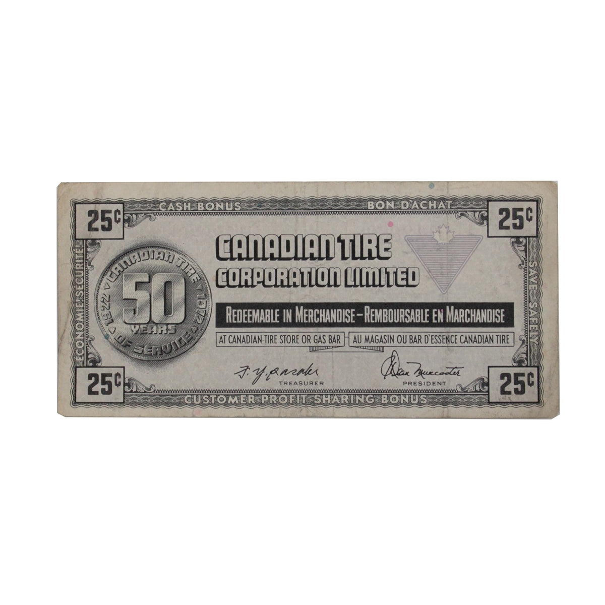 S3-D-U 1972 Canadian Tire Coupon 25 Cents F-VF