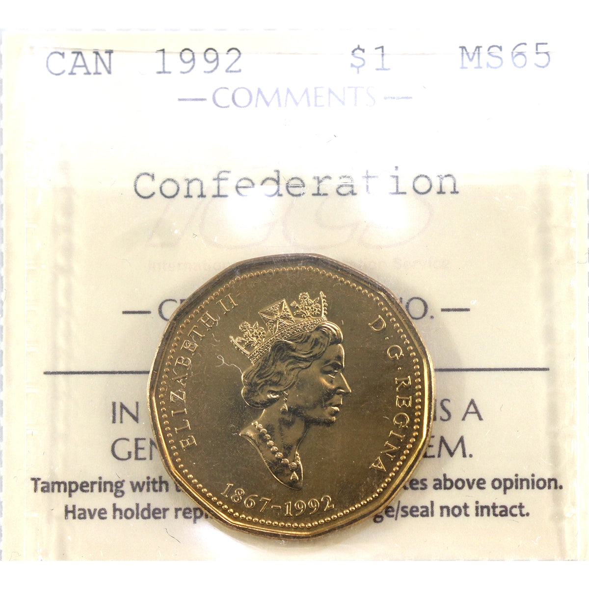 1992 Canada Confederation Dollar ICCS Certified MS-65