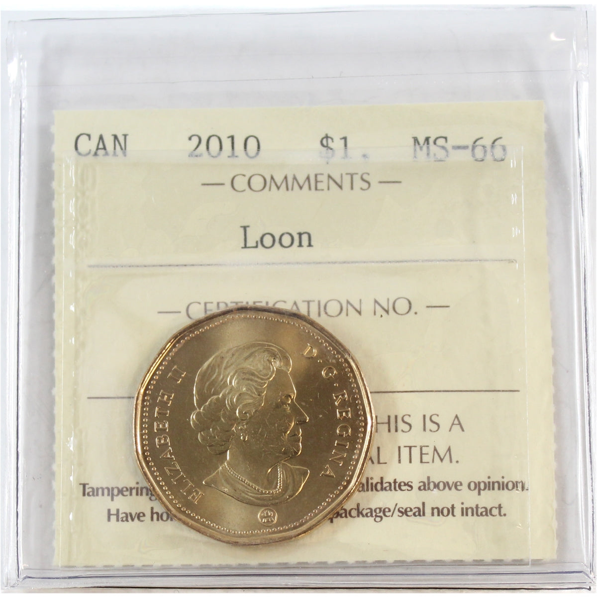 2010 Canada Loon Dollar ICCS Certified MS-66 (Small Beads Variety)