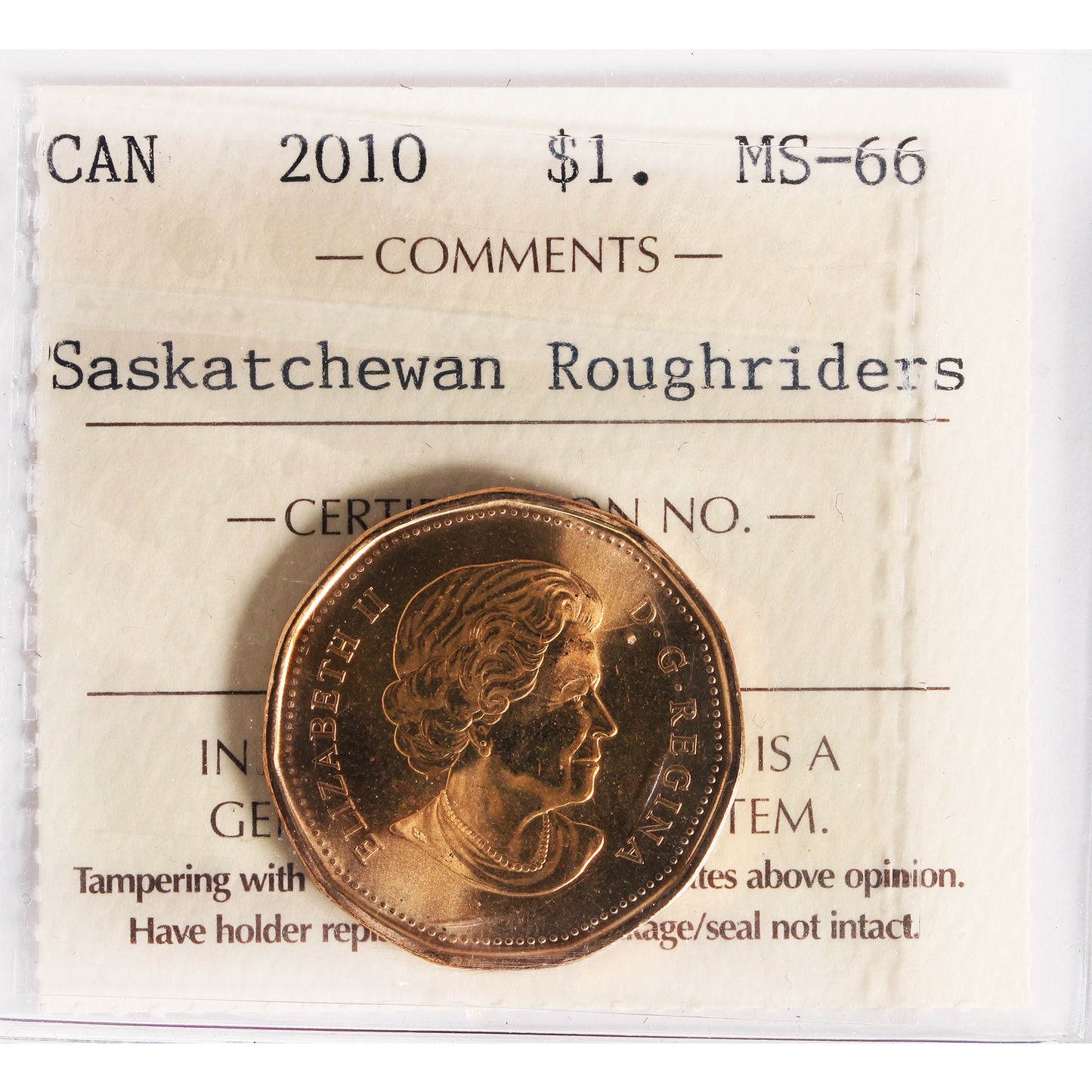 2010 Saskatchewan Roughriders Canada Dollar ICCS Certified MS-66