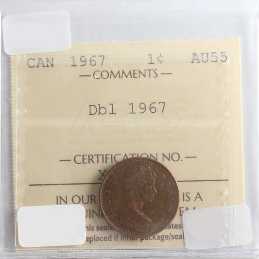 1967 Double 1967 Canada 1-cent ICCS Certified AU-55