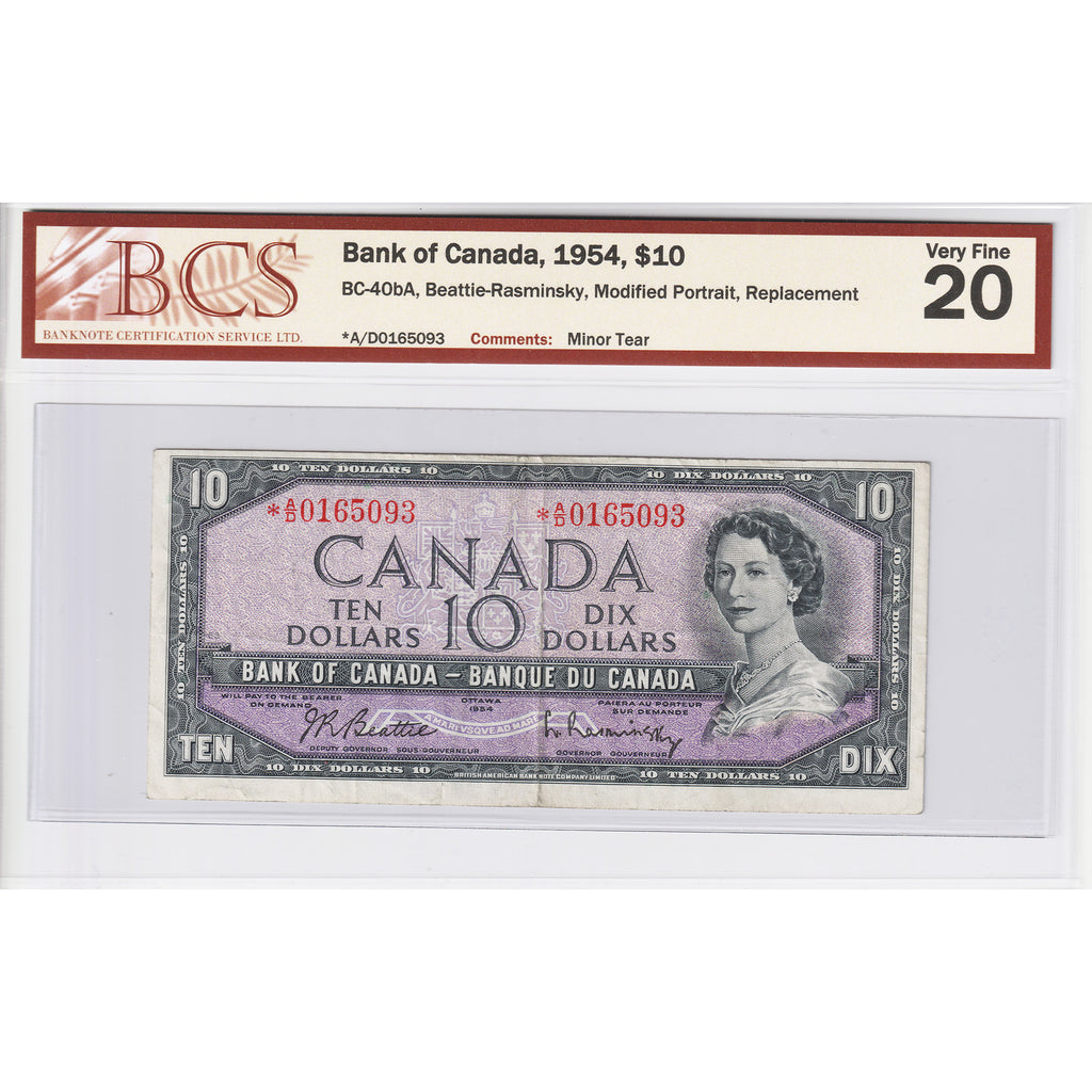 BC-40bA 1954 Canada $10 B-R, Repl., *A/D, BCS Cert. VF-20 (Minor tear)