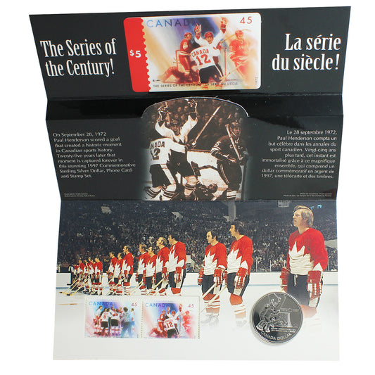 1997 Canada/Russia Hockey Sterling Silver Dollar, Phone Card & Stamps