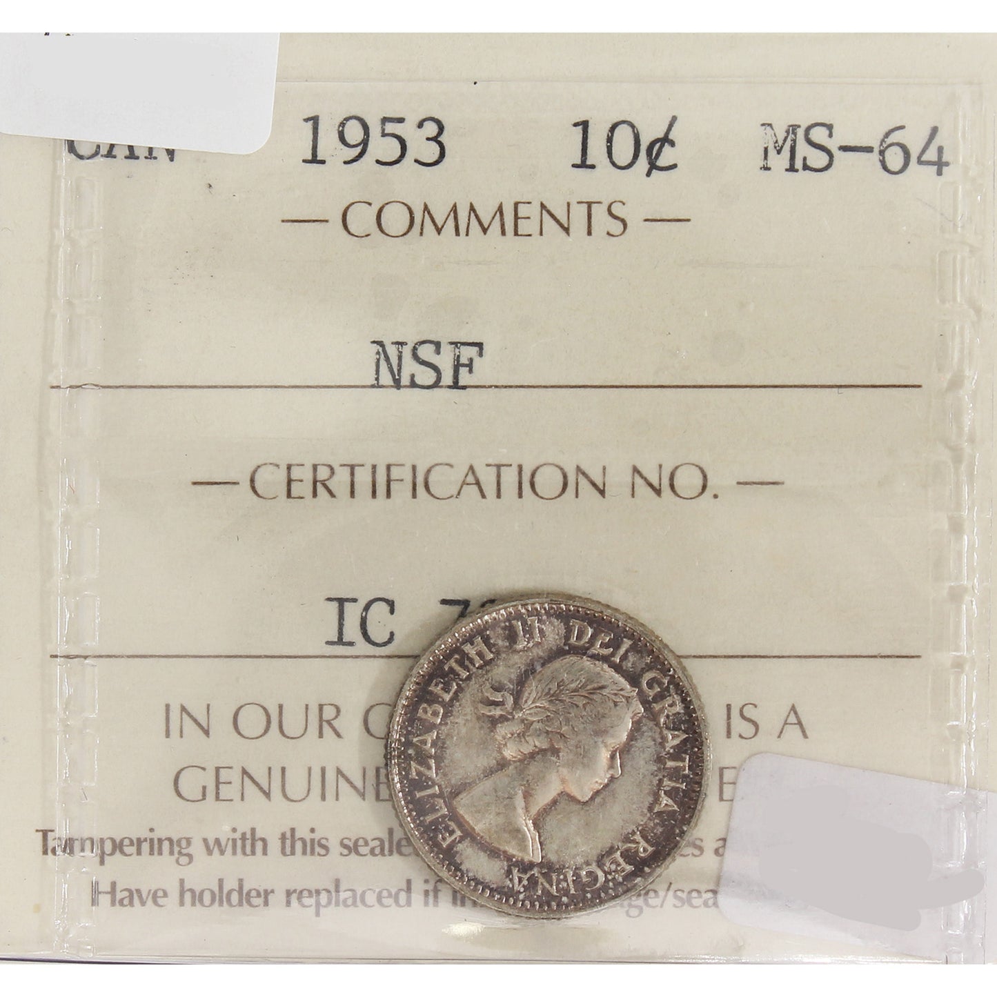 1953 NSF Canada 10-Cents ICCS Certified MS-64 (Toned)