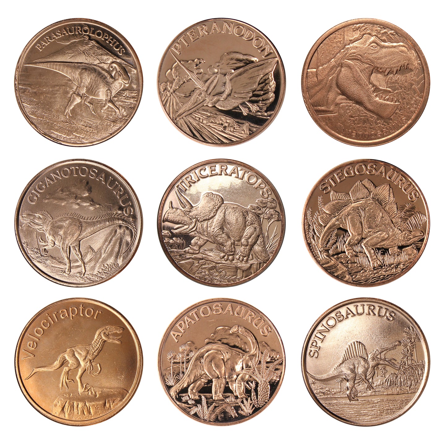 9x Dinosaur-themed 1oz. AVDP .999 Fine Copper Rounds, 9Pcs