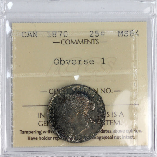 1870 Obv. 1 Canada 25-cents ICCS Certified MS-64