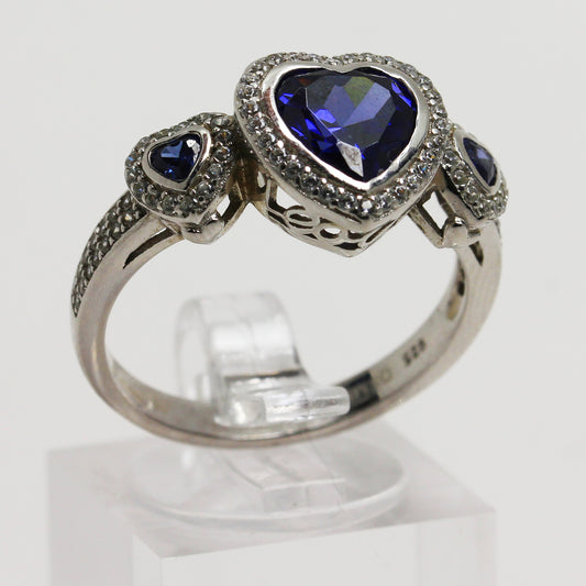 Lady's Sterling Silver 'DSMK' Blue Stone Heart Ring - 9