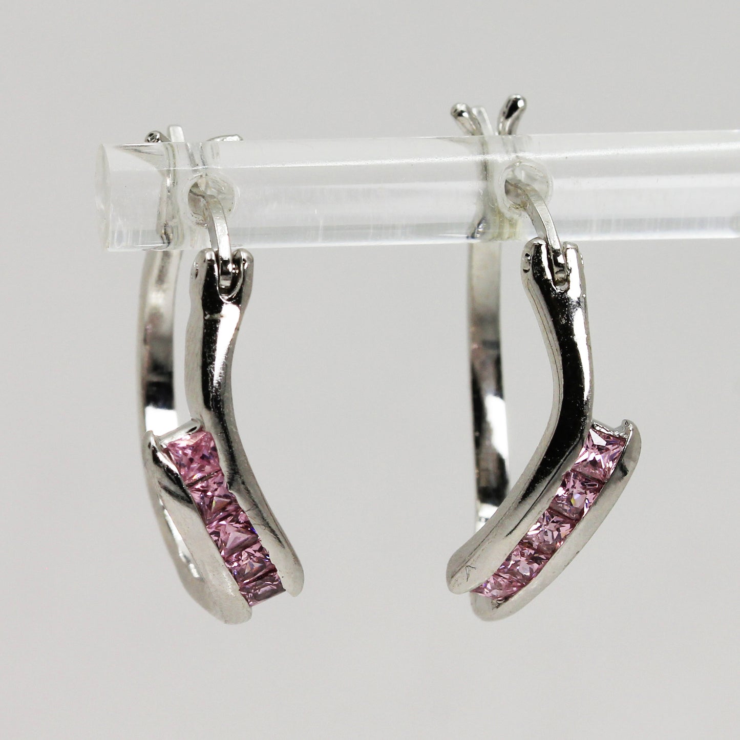 Lady's Sterling Silver Pink Stone Hinge Back Earrings