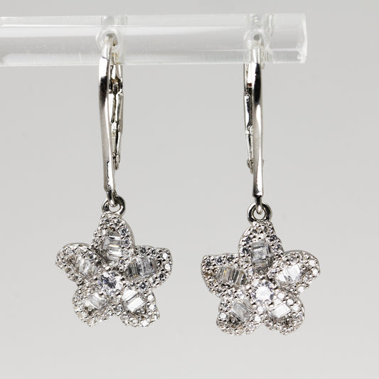 Lady's Sterling Silver Hinge Back Clear Stone Flower Earrings