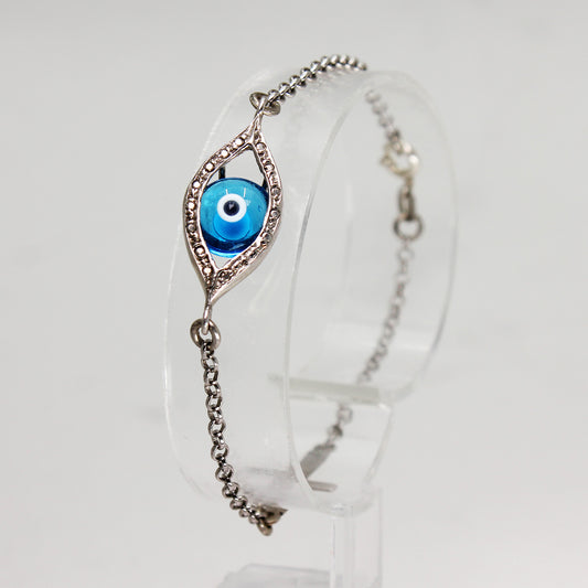 Unisex Sterling Silver Evil Eye/ Cross Bracelet - 7"