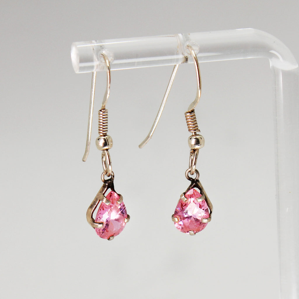 Lady's Sterling Silver Pink Stone Teardrop Earrings