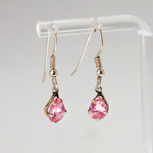 Lady's Sterling Silver Pink Stone Teardrop Earrings