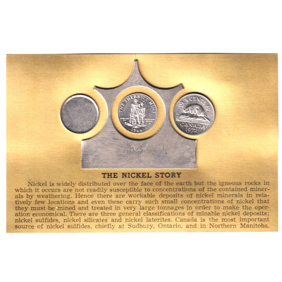 "The Nickel Story" Set of 1966 Sherritt Mint Medallion, Blank & 1972 5-cents in Folder