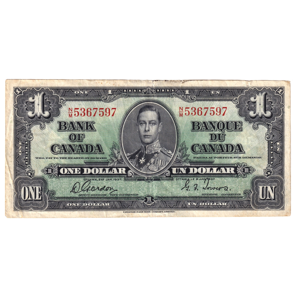 BC-21c 1937 Canada $1 Note, Gordon-Towers, Very Fine (VF-20) Tears, Stains, or Damaged