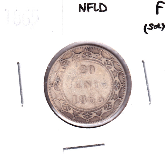 1865 Newfoundland 20-cents, Fine (F-12) Scratched