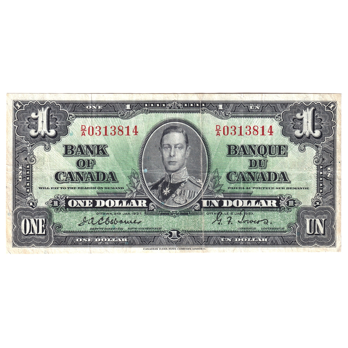 BC-21a 1937 Canada $1 Osborne-Towers, D/A, VF (Trimmed)