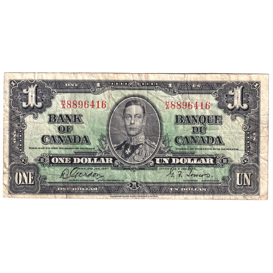 BC-21b 1937 Canada $1 Gordon-Towers, Narrow Panel, H/A, F-VF (Tear)