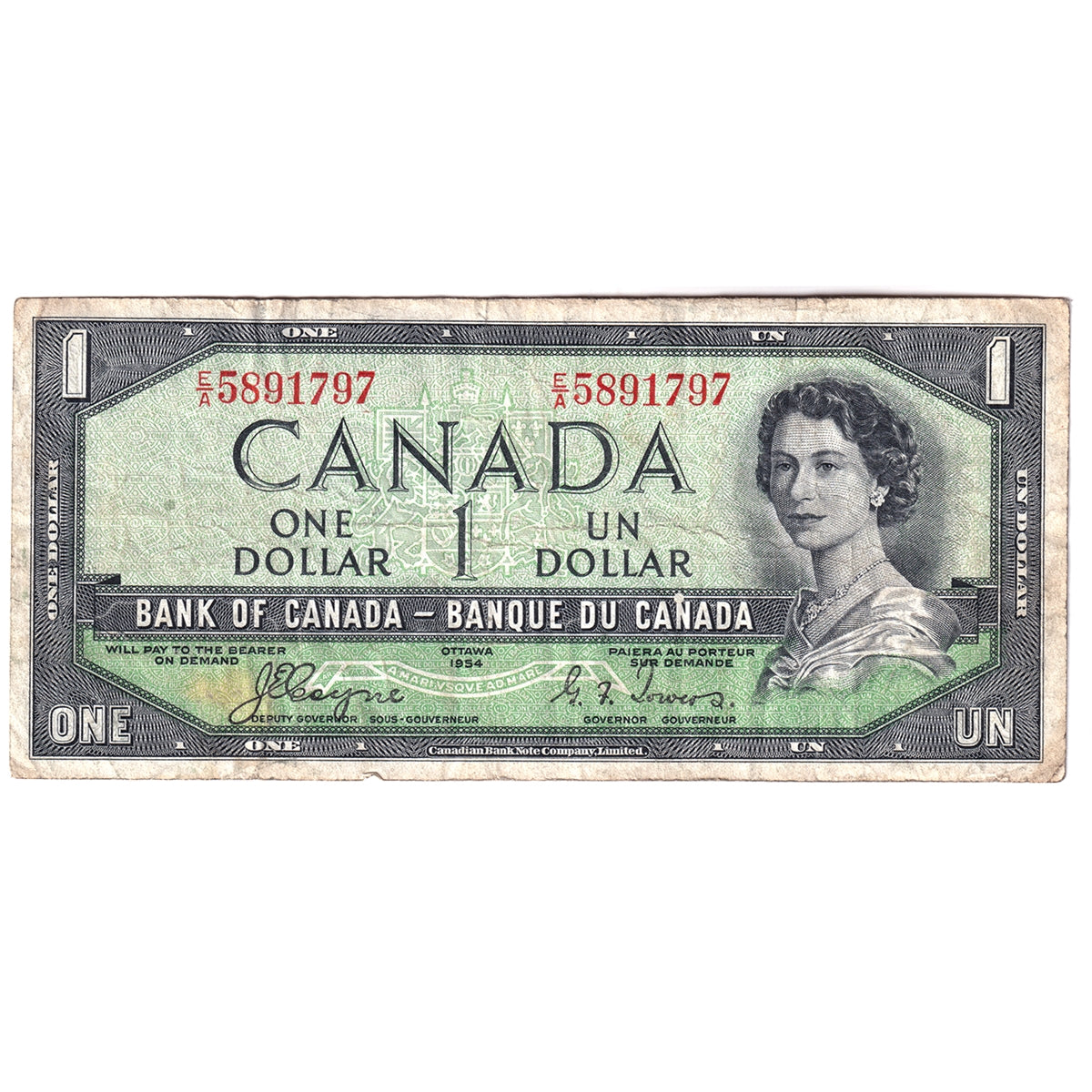 BC-29a 1954 Canada $1 Coyne-Towers, Devil's Face, E/A, VF (Stain)