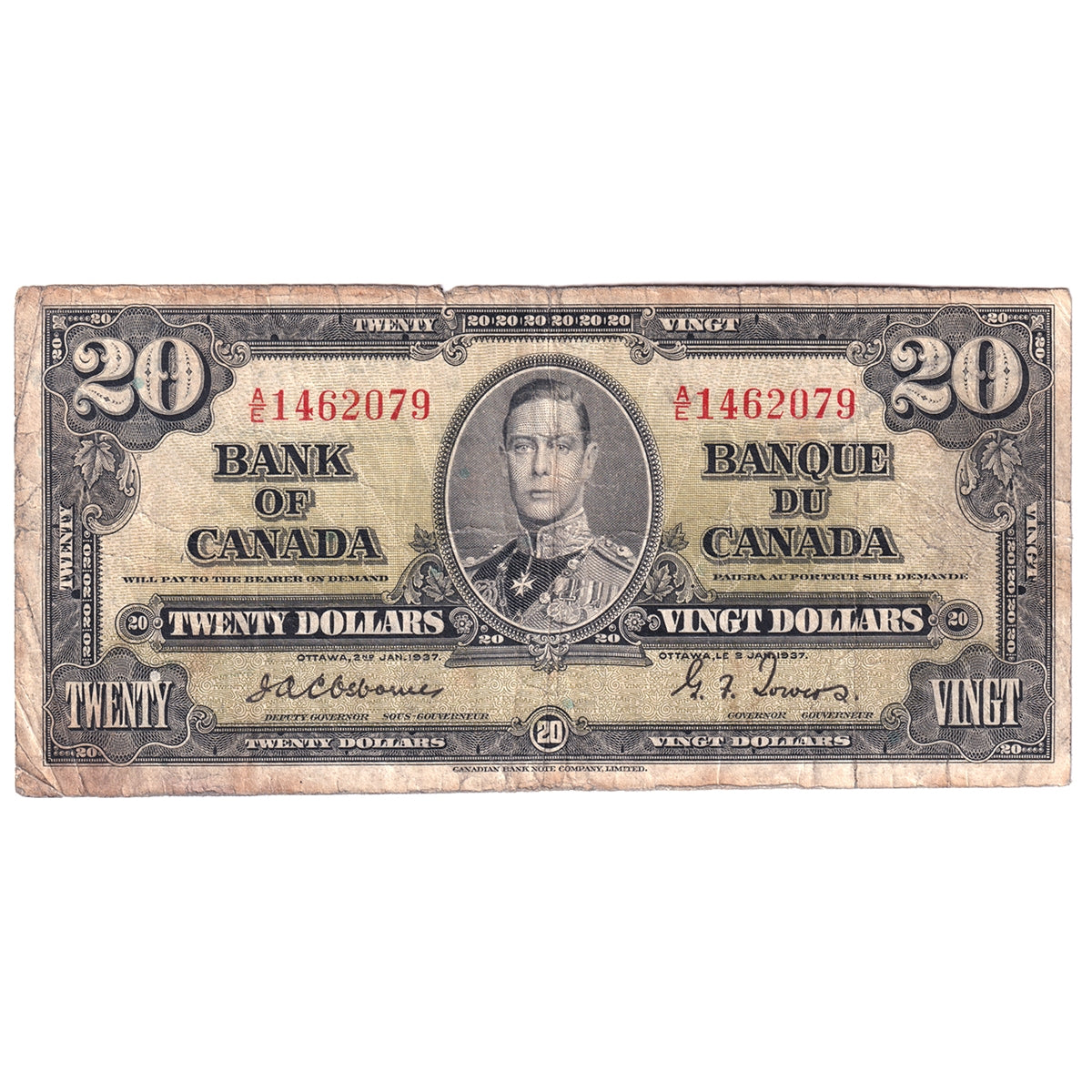 BC-25a 1937 Canada $20 Osborne-Towers, A/E, VG-F (Minor pinholes)