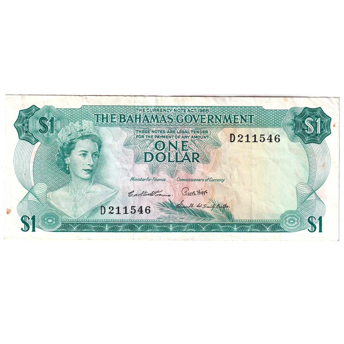 Bahamas 1965 1 Dollar Note, Pick #18b, VF-EF (Stain)