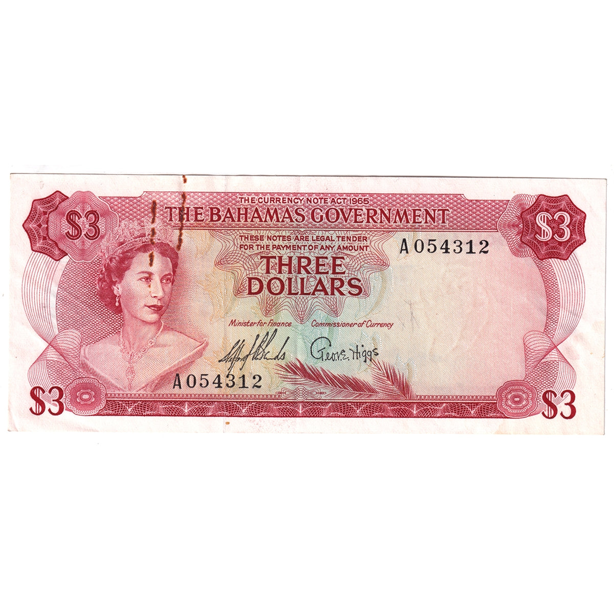 Bahamas 1965 3 Dollars Note, Pick #19a, EF (Rust)