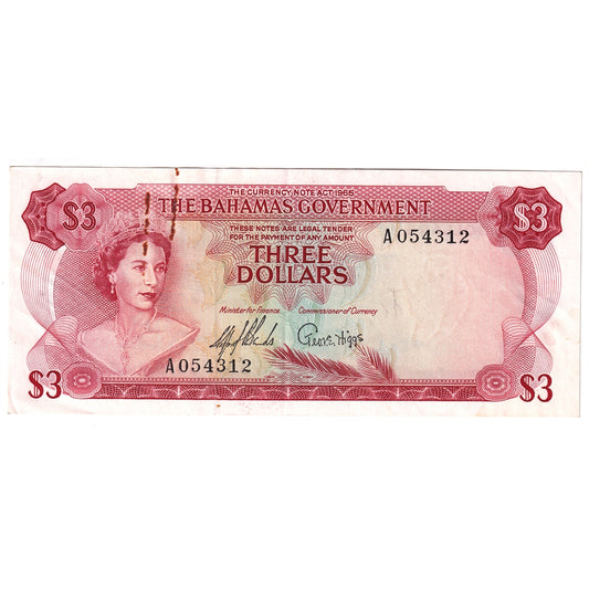 Bahamas 1965 3 Dollars Note, Pick #19a, EF (Rust)