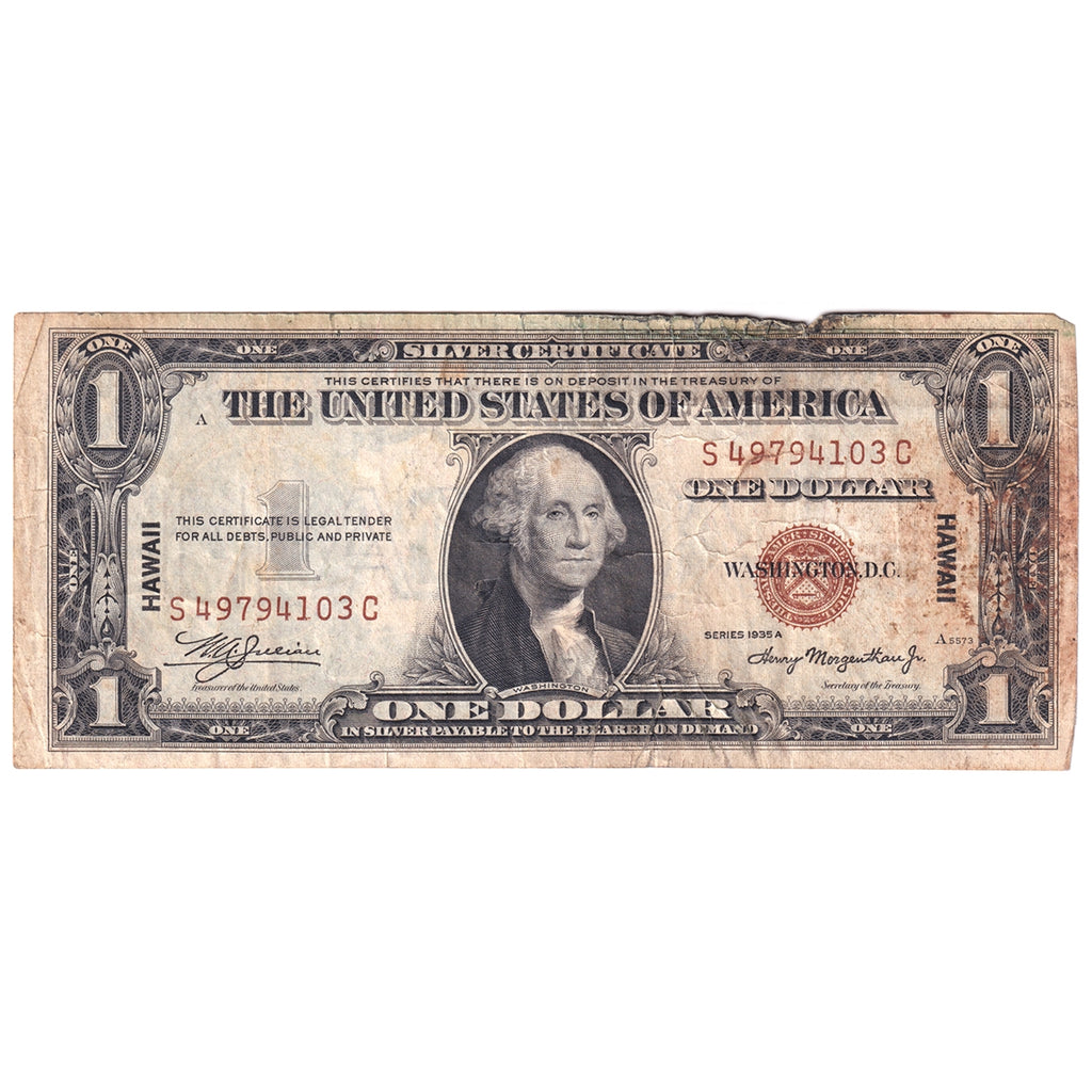 USA 1935A $1 Note, FR #2300, Julian-Morgenthau, Silver Certificate, HAWAII, F-VF (Damaged)