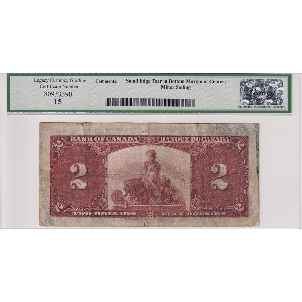 BC-22a 1937 Canada $2 Osborne-Towers, B/B, Legacy Certified F-15 (Small tear, minor soiling)